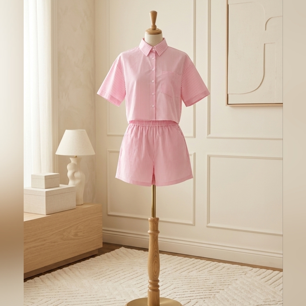 NWT Rosa Clothing Pink & White 2PC Shorts Set Tie Back Top Elastic Waist - Picture 2 of 9